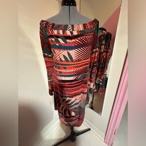 Off-Shoulder Printed Midi Skirt Dress in Coral and Teal